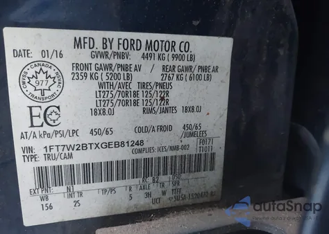 2016 Ford F-250 Xlt z USA, uszkodzony, nr VIN 1FT7W2BTXGEB81248